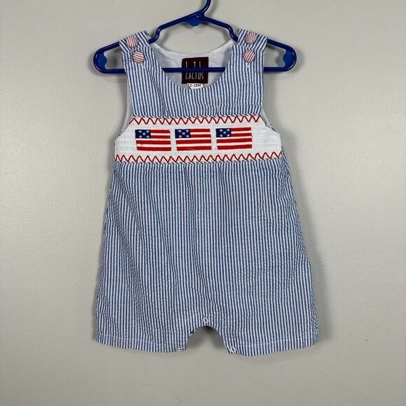 Lil Cactus Other - Lil Cactus Baby Boy Smocked Jon Jon Size 12-18 Months Blue Red Stripped Shortall